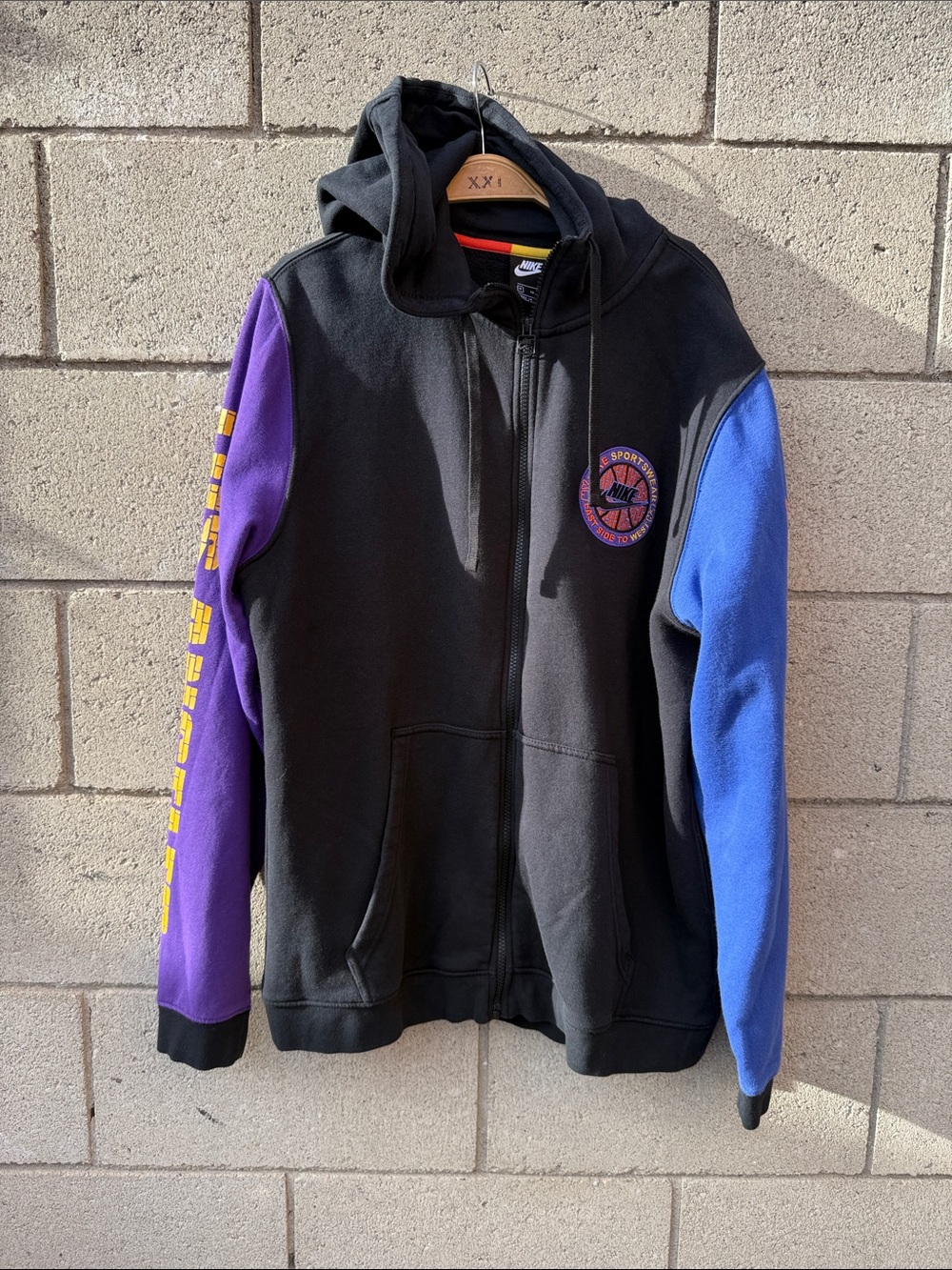 Nike Black Hoodie with Purple Left Sleeve and Blue Right Sleeve